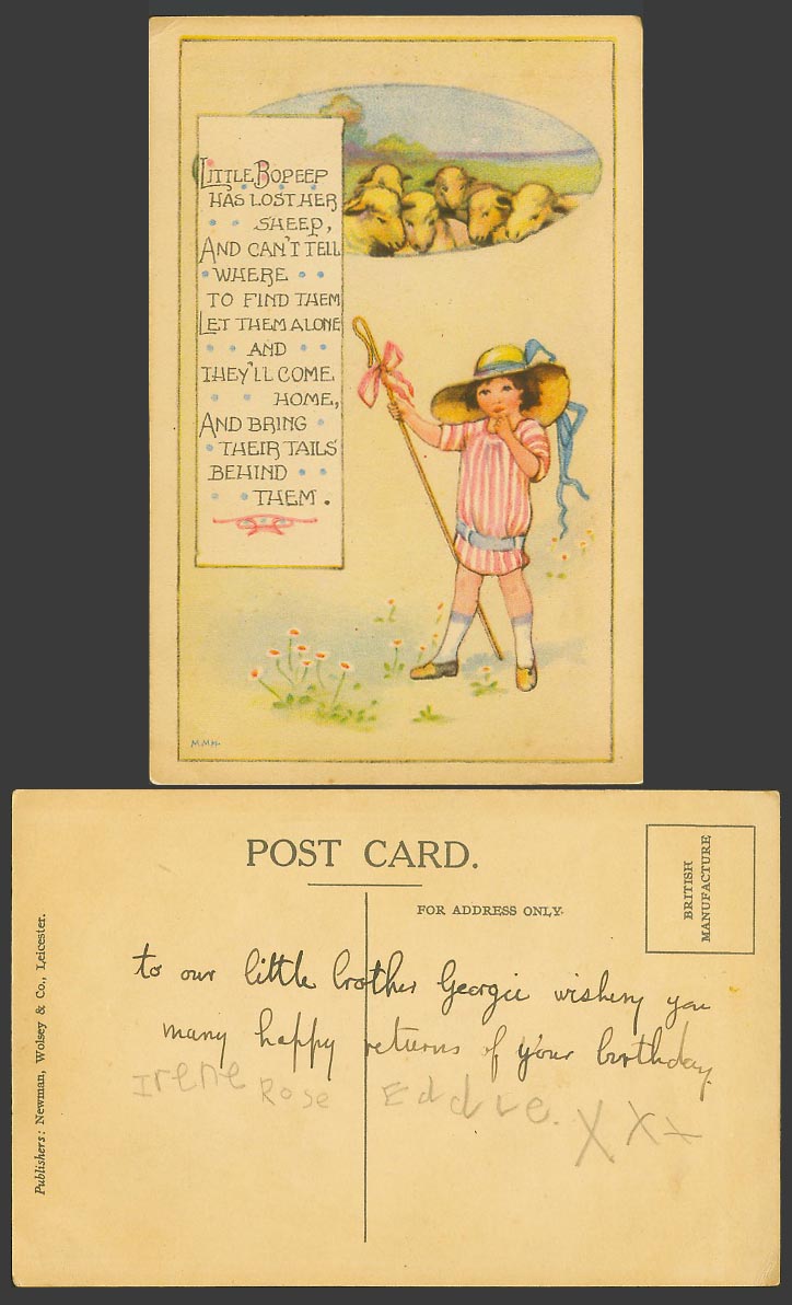 Girl Shepherd Little Bobeep Lost Her SHEEP They'll come Home by MMH Old Postcard