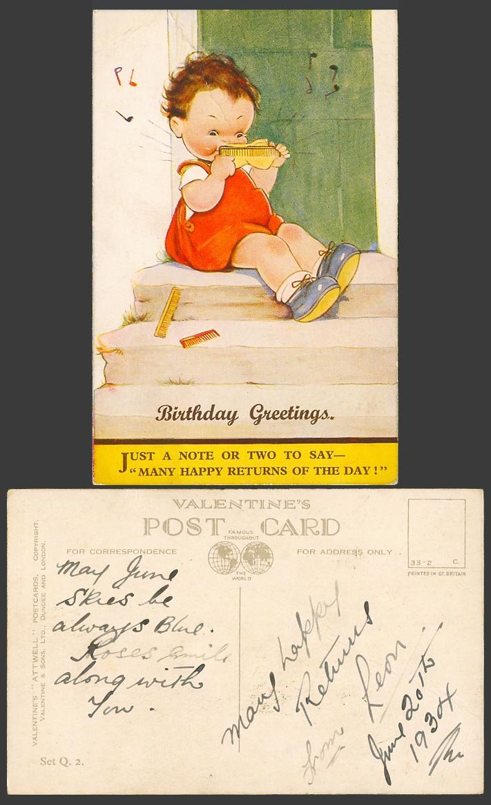 MABEL LUCIE ATTWELL 1934 Old Postcard Birthday Greetings Happy Return Combs 2310