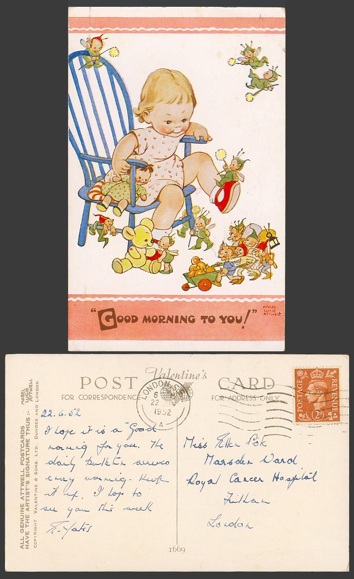 MABEL LUCIE ATTWELL 1952 Old Postcard Teddy Bear Fairies Elves Good Morning 1669