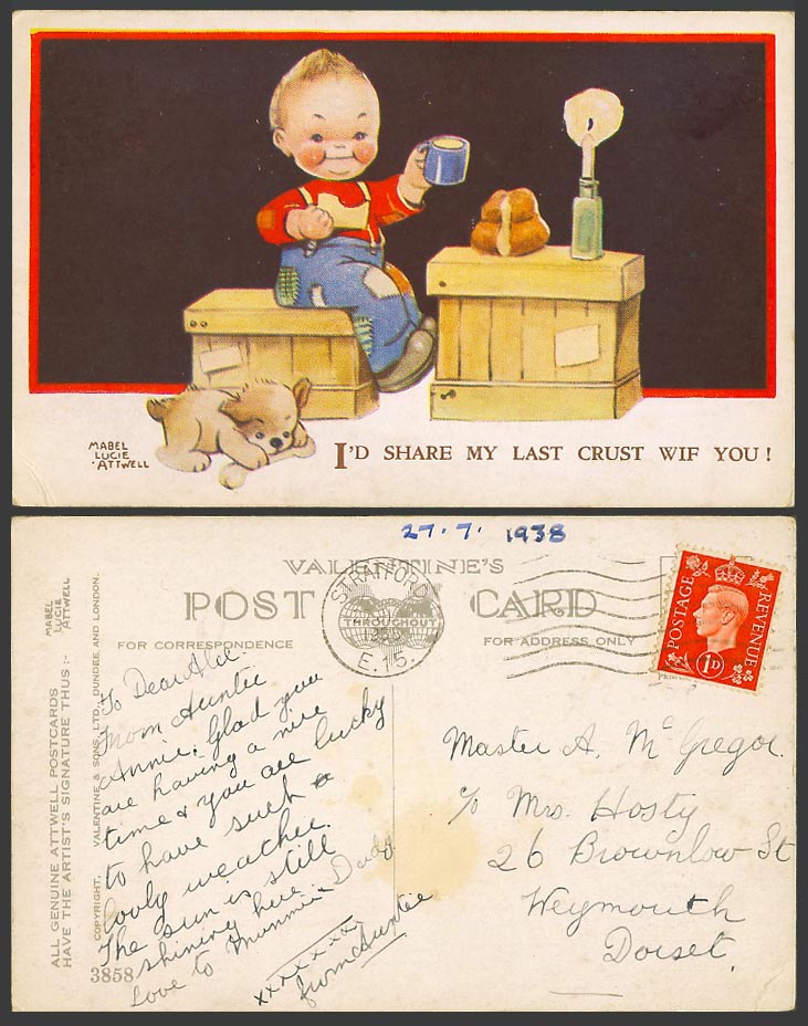 MABEL LUCIE ATTWELL 1938 Old Postcard I'd Share My Last Crust Wif You! Dog 3858