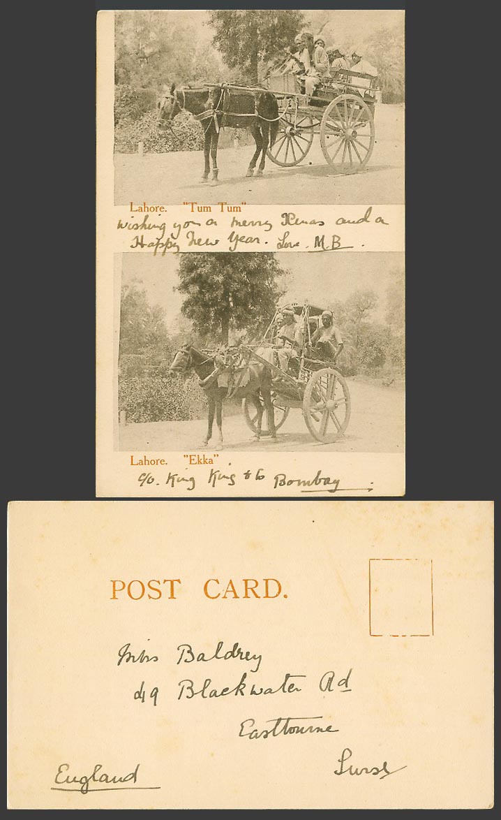 Pakistan India Old UB Postcard Lahore Tum Tum and Ekka Horses Horse Carts Driver
