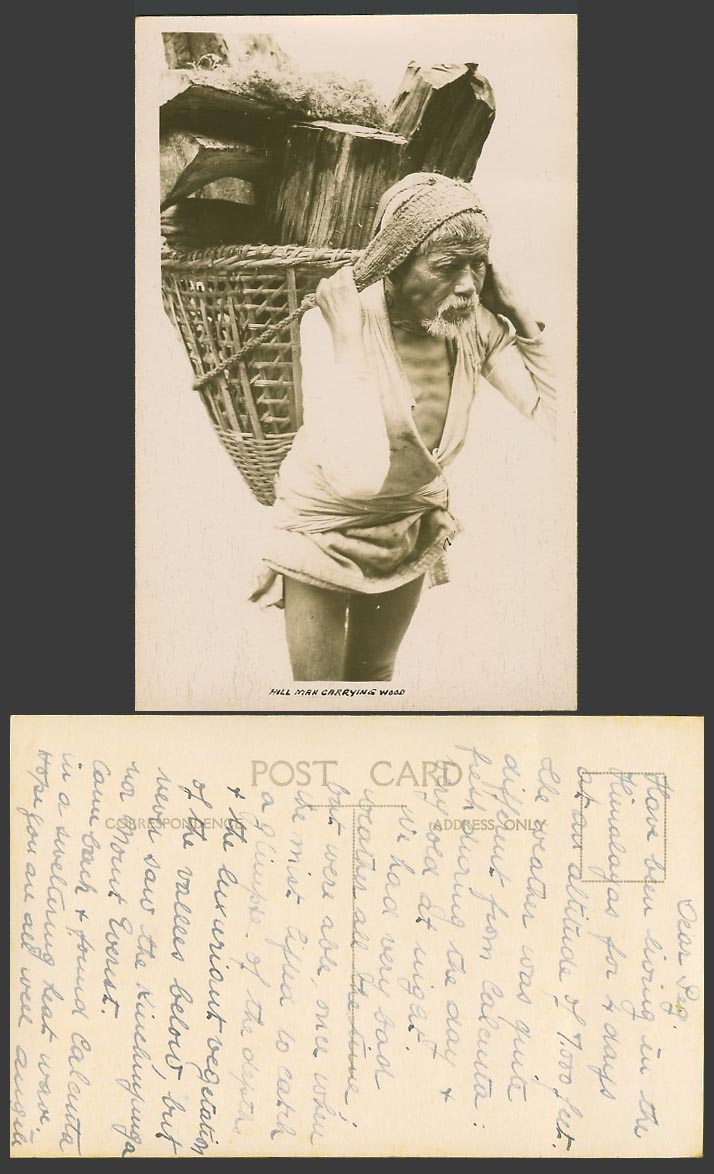 TIBET China India Old Postcard Hill Man Carrying Wood Tibetan Hill Coolie Basket