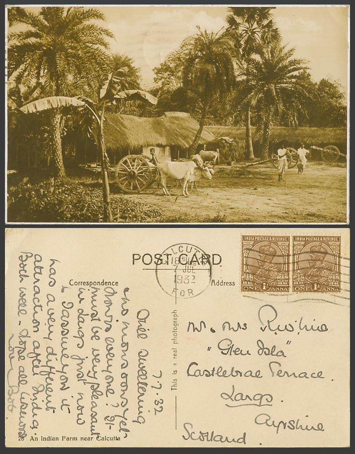 India KG5 1ax2 1932 Old Postcard An Indian Farm near Calcutta Cattle Cart Houses