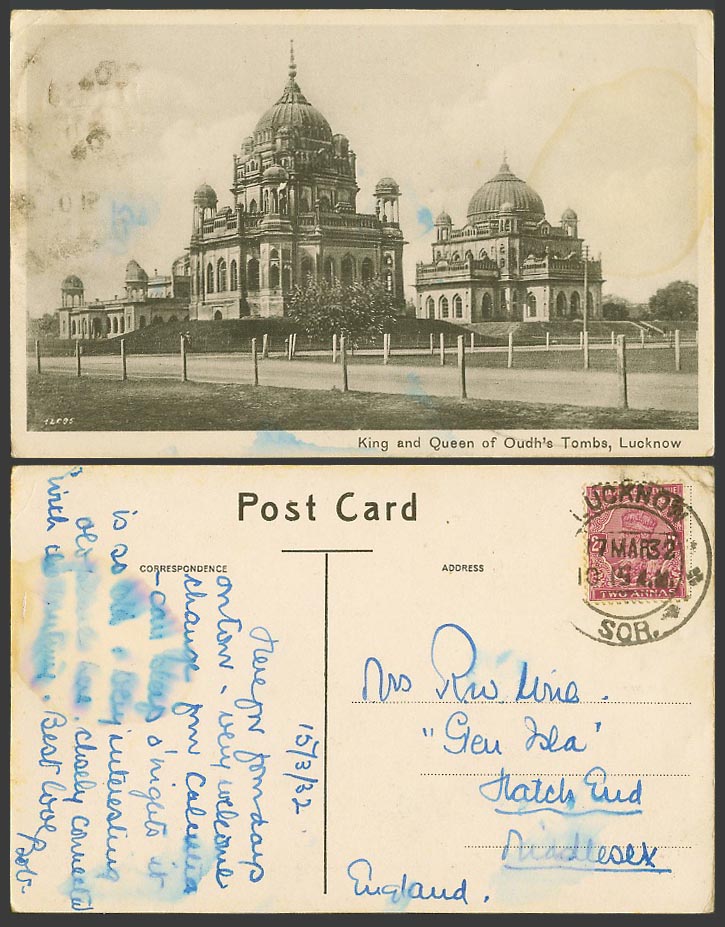 India to England KG5 2a 1932 Old Postcard King and Queen of Oudh's Tombs Lucknow
