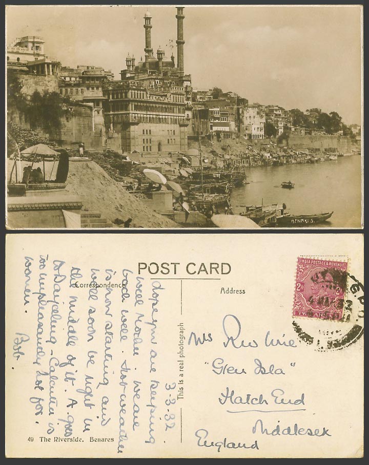 India KG5 2a 1932 Old Photo Postcard Riverside Benares, Ghat Temples River Boats