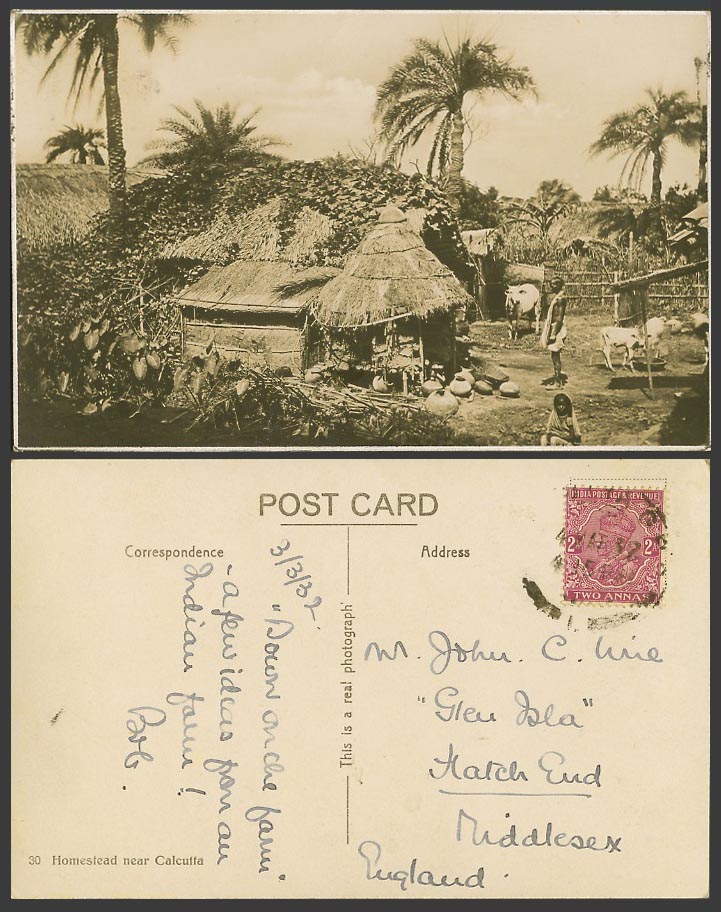 India KG5 2a 1932 Old Real Photo Postcard Homestead near Calcutta, Native Houses