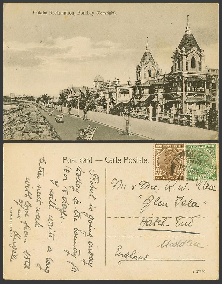 India KG5 1a 1/2a 1931 Old Postcard Colaba Reclamation, Bombay, Street Panorama