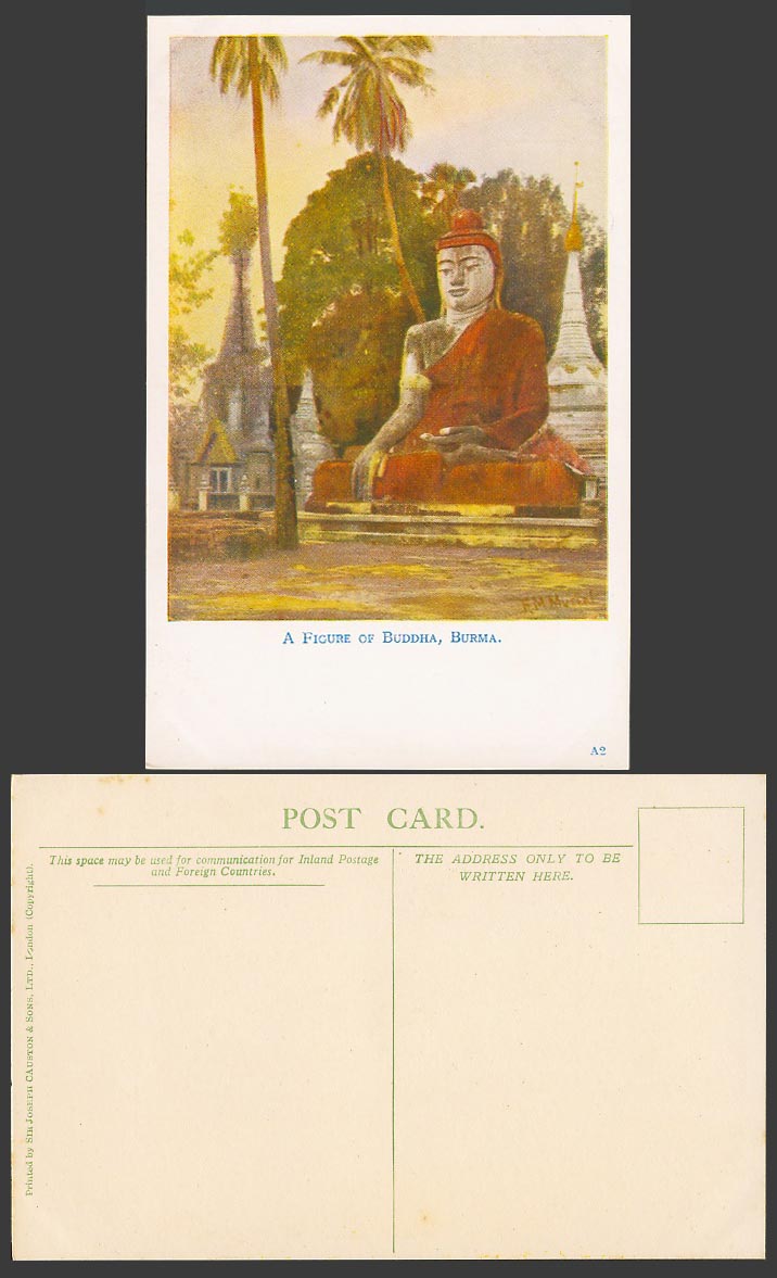 Burma F M Muriel Artist Signed Old Postcard A Figure of Buddha Statue Palm Trees
