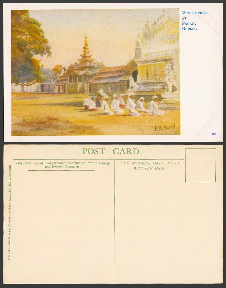 Burma Old Postcard Worshippers at Pagan, Pagoda & Temple FM Muriel Artist Signed
