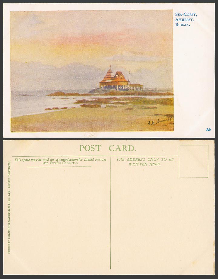 Burma Old Postcard Sea-Coast Amherst, Kyaikkhami Artist Signed by F.M. Muriel A5