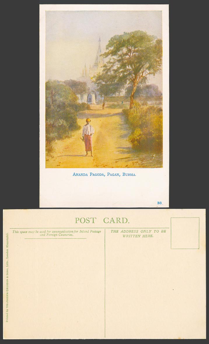 Burma F.M. Muriel Artist Signed Old Postcard Ananda Pagoda Pagan Temple & Native