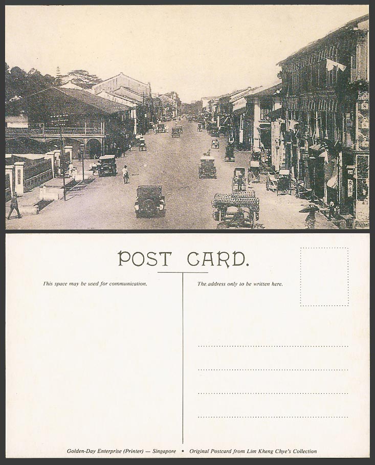 Singapore Repro Postcard New Bridge Road Street Scene Rickshaw Vintage Motor Car