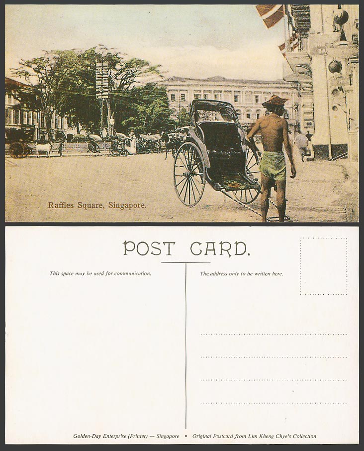 Singapore Repro Postcard Raffles Square Rickshaw Coolie Cattle Cart Street Scene