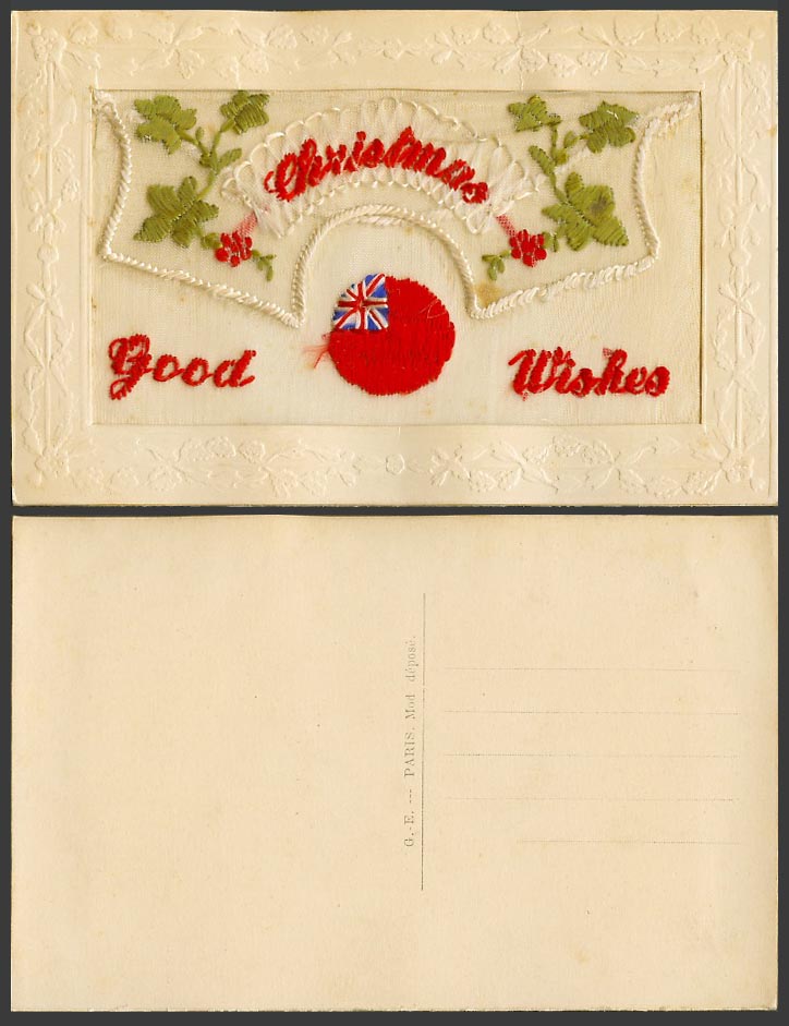 WW1 SILK Embroidered Old Postcard Christmas Good Wishes, Flag, Empty Wallet G.E.