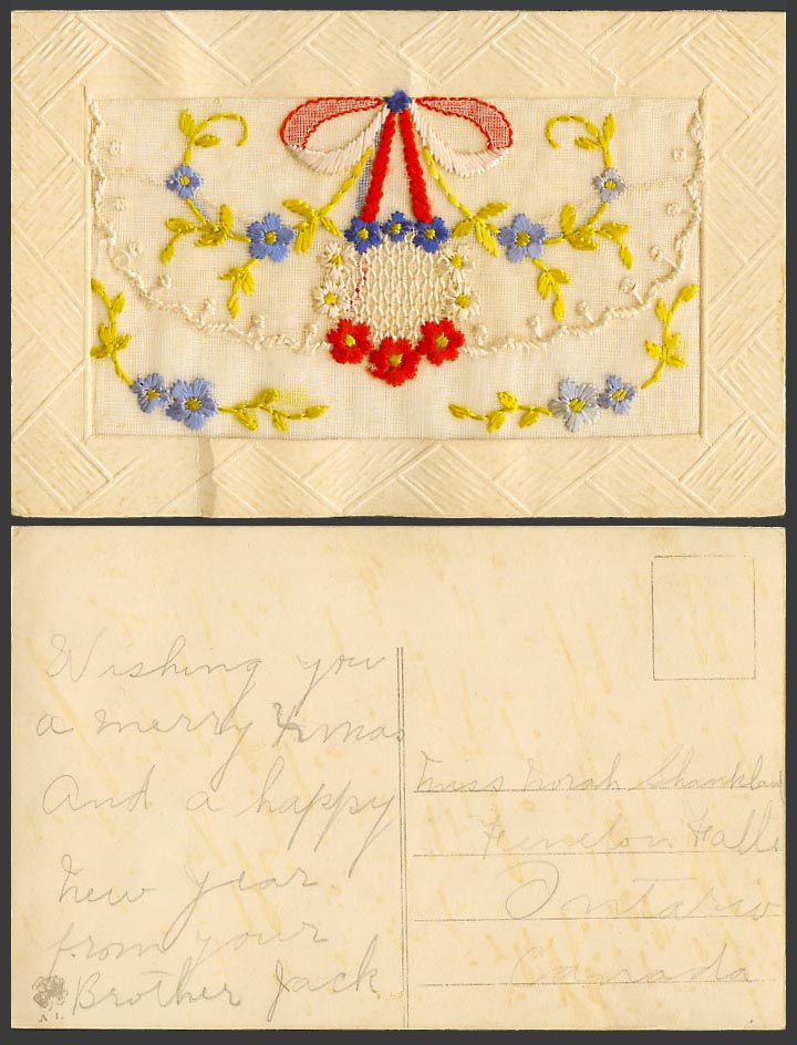 WW1 SILK Embroidered French Old Postcard Flowers Knot, Empty Wallet Novelty A.I.