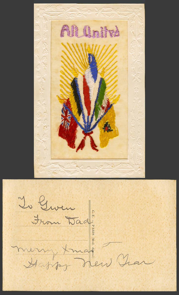 WW1 SILK Embroidered French Old Postcard All United Flag Flags Novelty, GE Paris