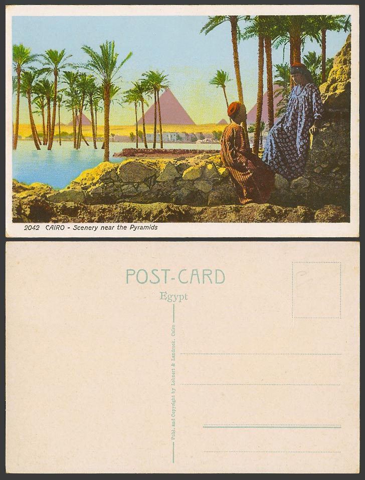 Egypt Old Colour Postcard Cairo Scenery near The Pyramids, Girl & Boy Palm Trees