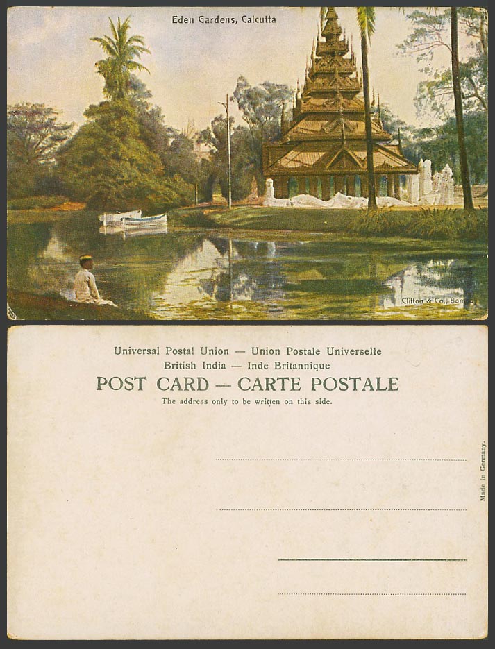 India Old Colour Postcard Eden Gardens Calcutta Burmese Pagoda Man by Lake Boats