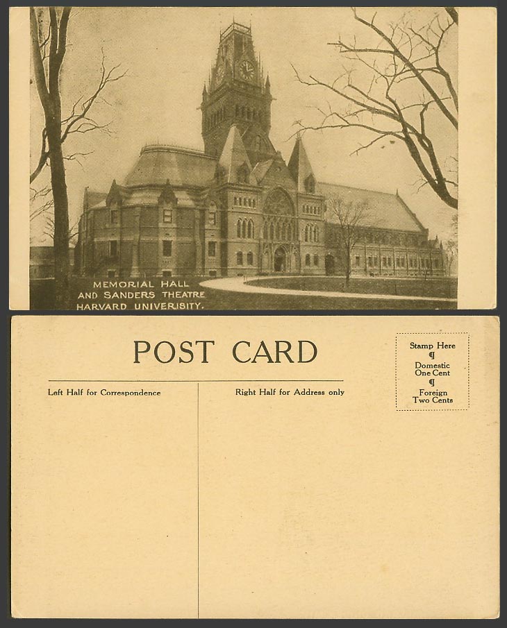 USA Old Postcard Harvard University Memorial Hall & Sanders Theatre, Clock Tower