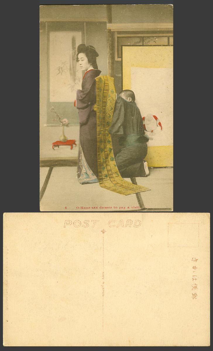 Japan Old Hand Tinted Postcard Geisha Girl O-Hana-San Dresses to Pay a Visit Man