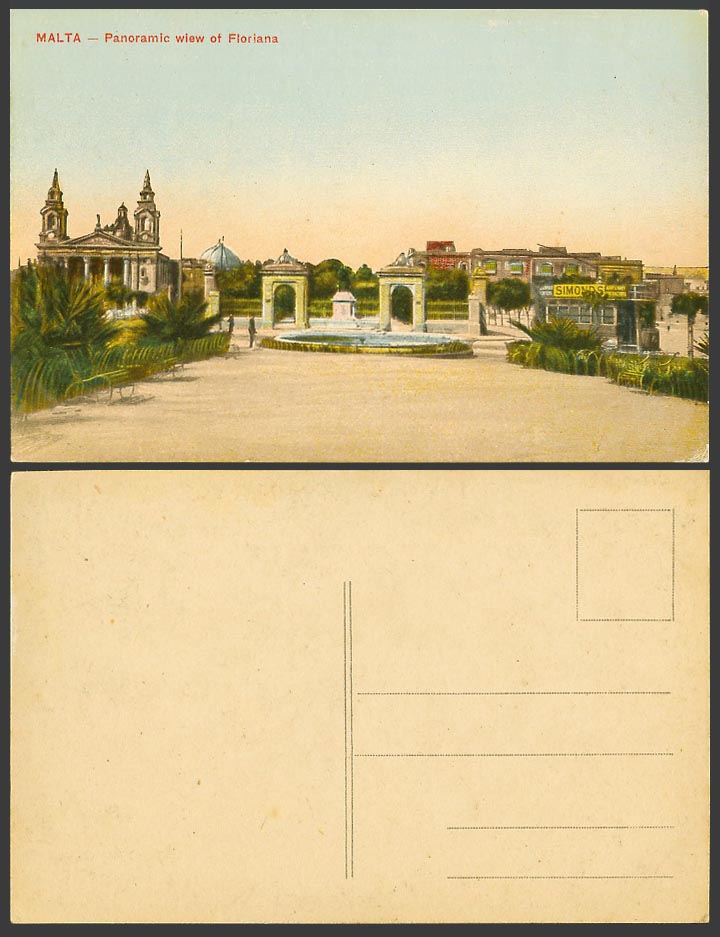Malta Old Colour Postcard Panoramic View of Floriana, Fountain, Simonds Adverts.