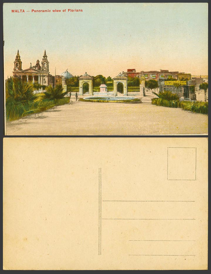 Malta Maltese Old Colour Postcard Panoramic View of Floriana, Fountain, Simonds