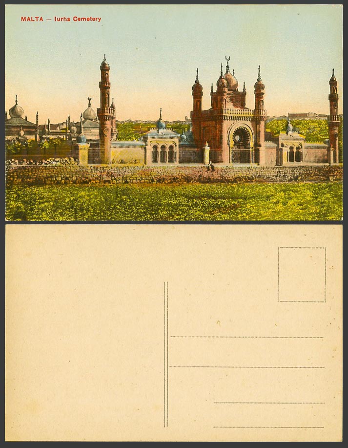 Malta Old Color Maltese Postcard Iurhs Cemetery Entrance Gate Tower General View