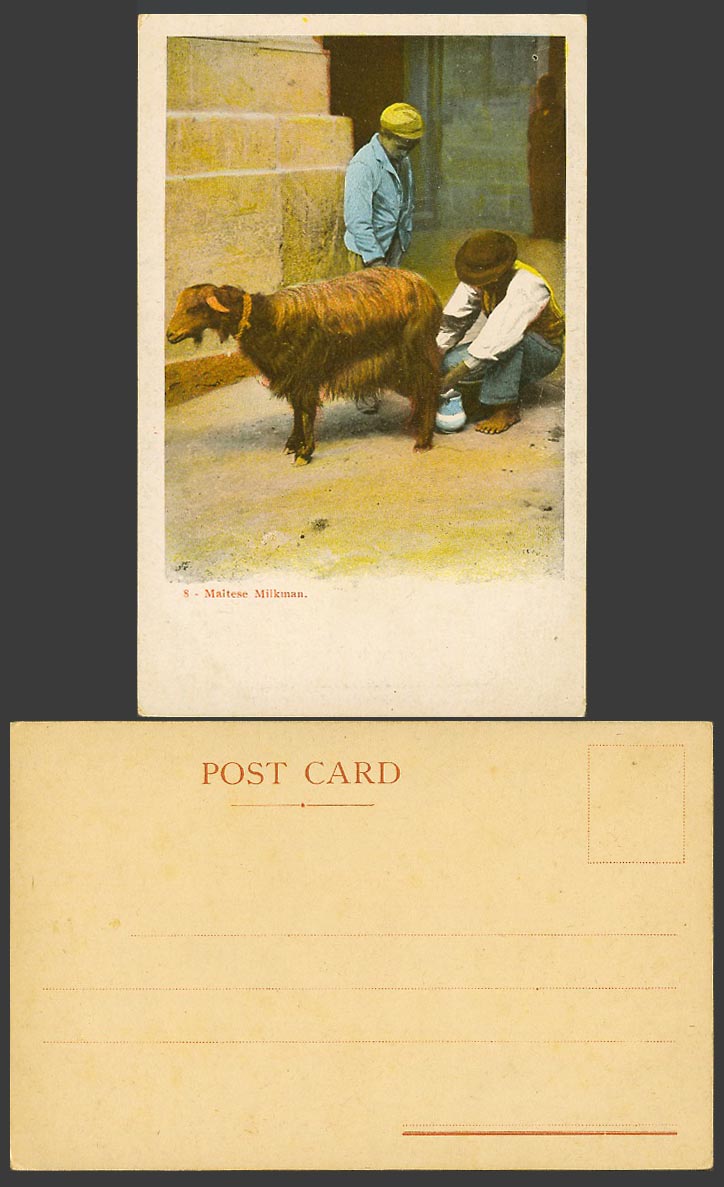 Malta Old UB Colour Postcard Maltese Milkman Milking Goat Goat's Milk, Boy Child