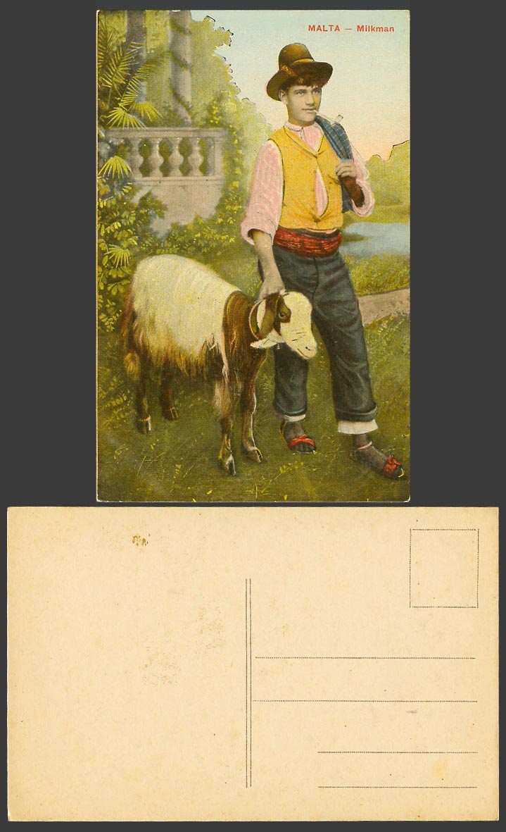 Malta Old Colour Postcard Maltese Milkman & Goat Handsome Young Man Smoking Pipe