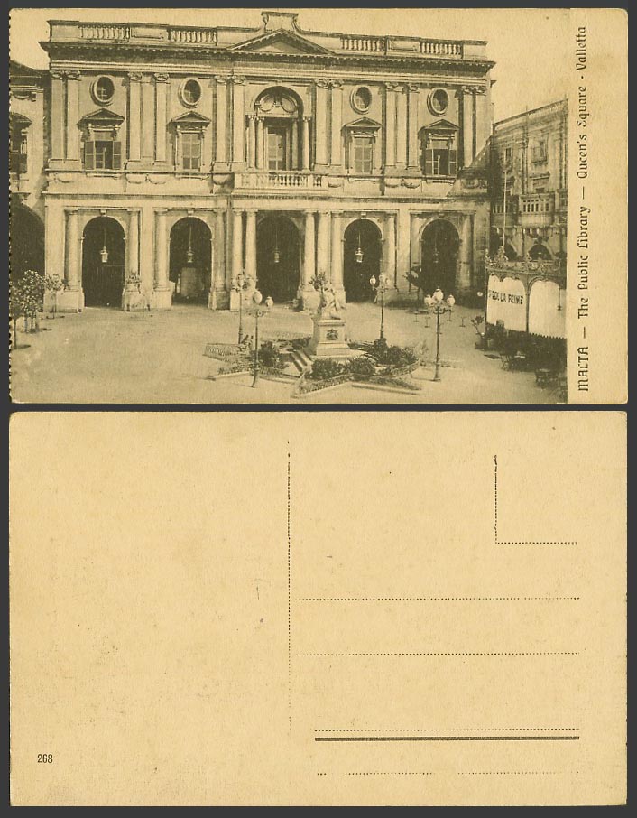 Malta Maltese Old Postcard The Public Library Queen's Square Statue Valletta 268