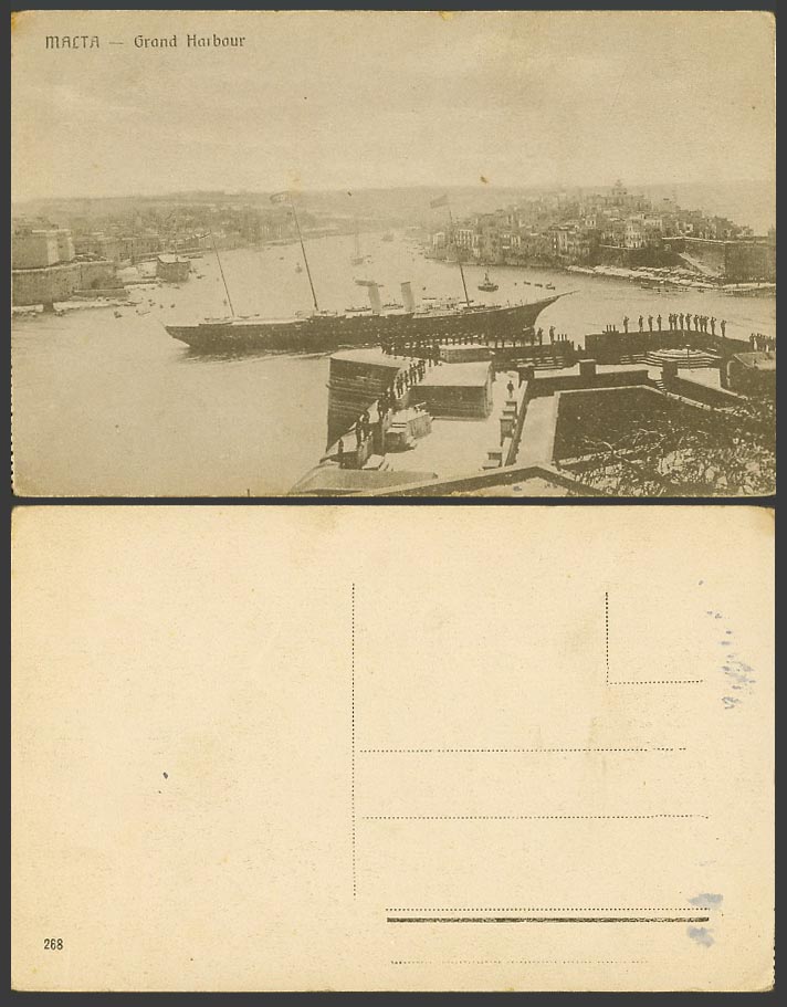 Malta Old Postcard Grand Harbour Soldiers Saluting Large Steam Ship Steamer Boat