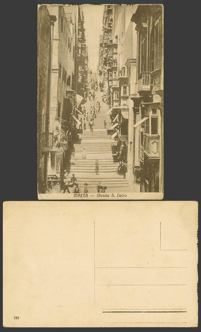 Malta Maltese Old Postcard Strada S. Lucia Santa St. Lucia Street Valletta Steps