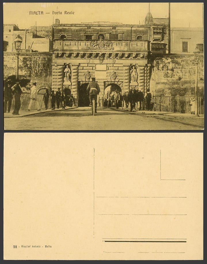 Malta Old Postcard Porta Reale, Gate Gates Cyclist Street Scene Micallef Antonio