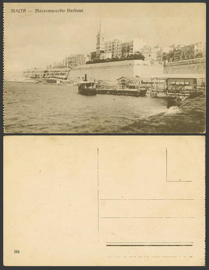 Malta Old Postcard Marsamuscetto Harbour, Quay Wharf, Church Cathedral Tower 268