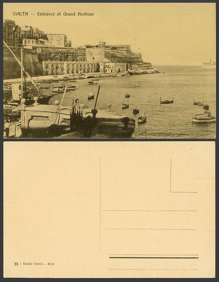 Malta Old Postcard Entrance of Grand Harbour, DGHAISA Boats, Micallef Antonio 98