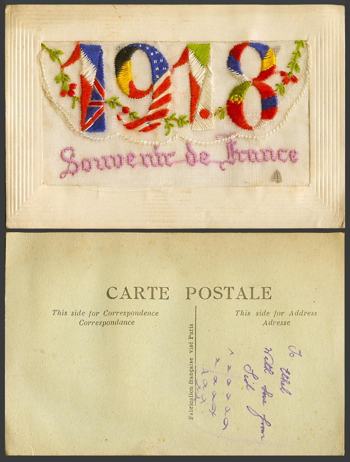 WW1 SILK Embroidered 1918 Old Postcard Souvenir de France Flag with Empty Wallet
