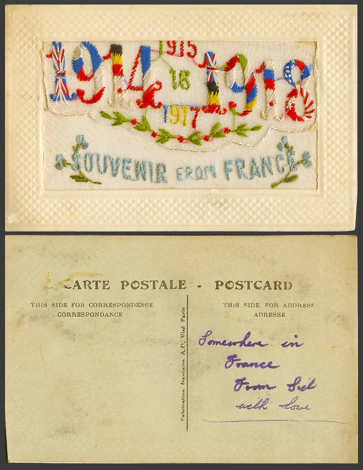 WW1 SILK Embroidered Old Postcard Souvenir from France - 1914 1915 16 1917 1918