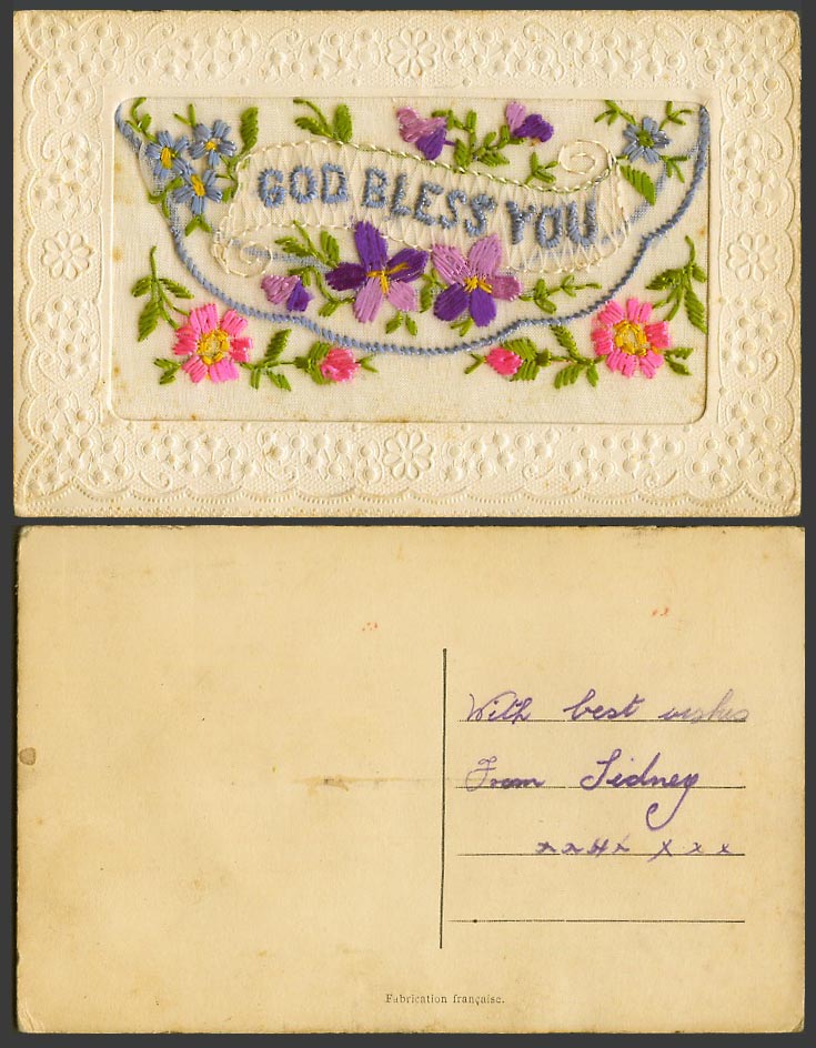 WW1 SILK Embroidered Old Embossed Postcard God Bless You, Flowers, Empty Wallet