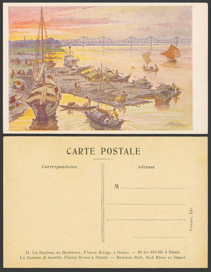 Indo-China S M Salge Signed Old Postcard Bamboo Raft, Bridge, Red River at Hanoi