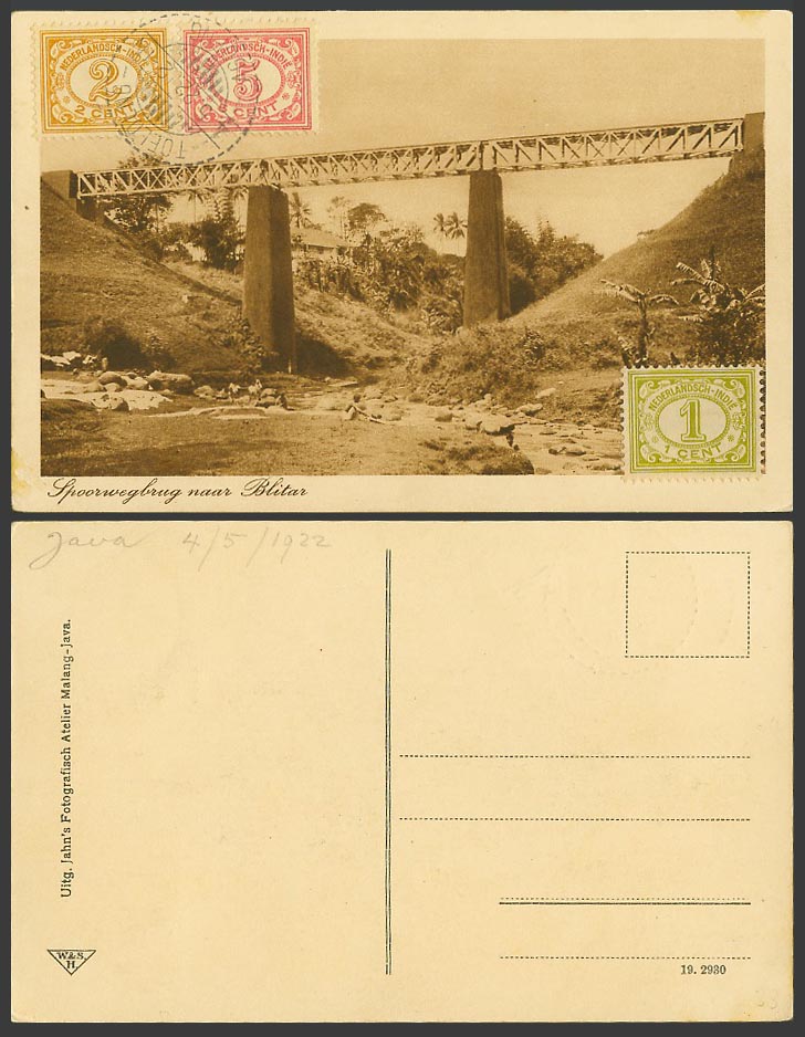 Indonesia D.E.I. 2c 5c 1922 Old Postcard Spoorwegbrug Blitar Railway Bridge Java
