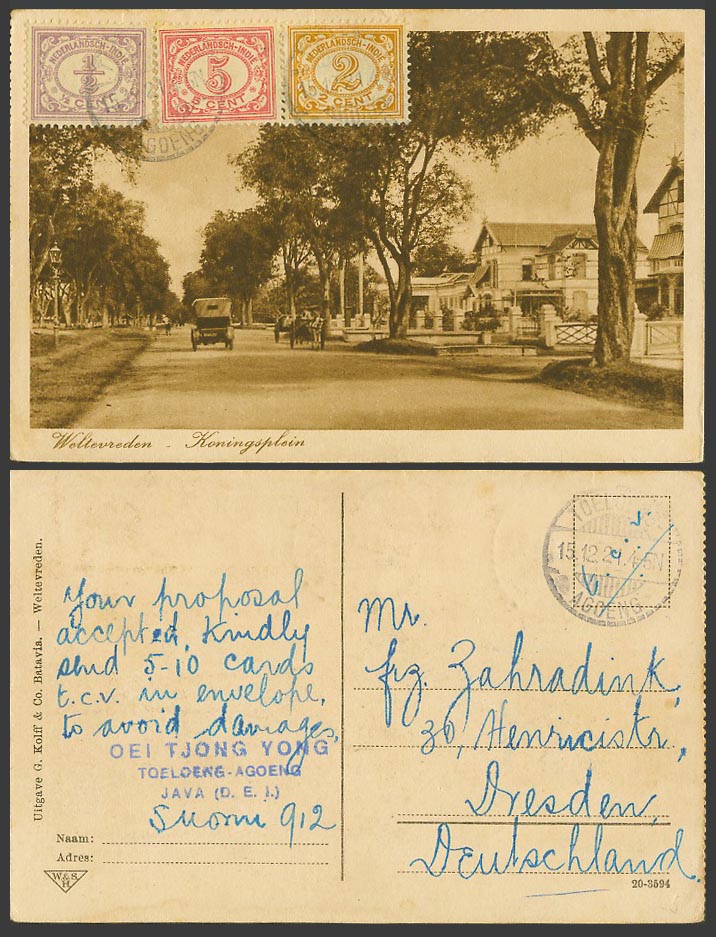 Indonesia DEI 1/2c 2c 5c 1921 Old Postcard Weltevreden Koningsplein Street Scene