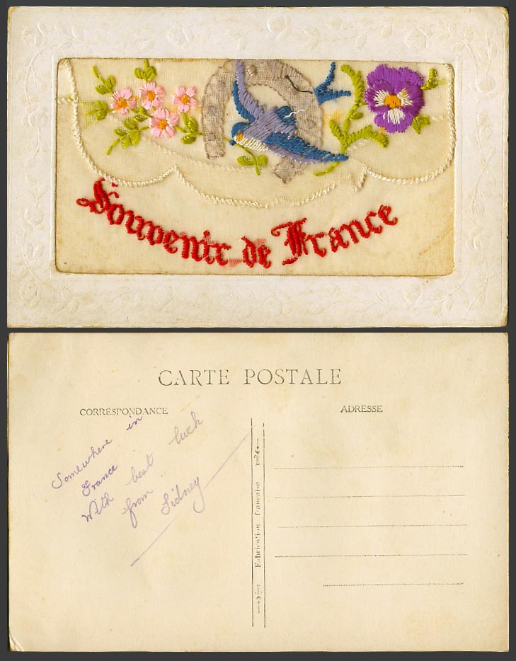 WW1 SILK Embroidered Old Postcard Souvenir from France Bird Flowers Empty Wallet