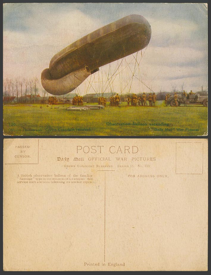 WW1 Daily Mail Old Postcard British Observation BALLOON Sausage, Air Service Men