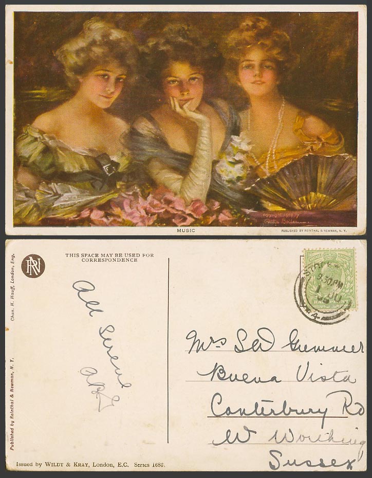 Philip Boileau Artist Signed 1909 Old Postcard Music, 3 Glamour Ladies Women Fan