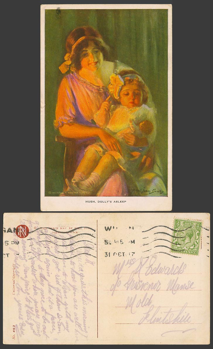 Alfred James Dewey Artist Signed 1917 Old Postcard Hush Dolly's Asleep Lady Girl