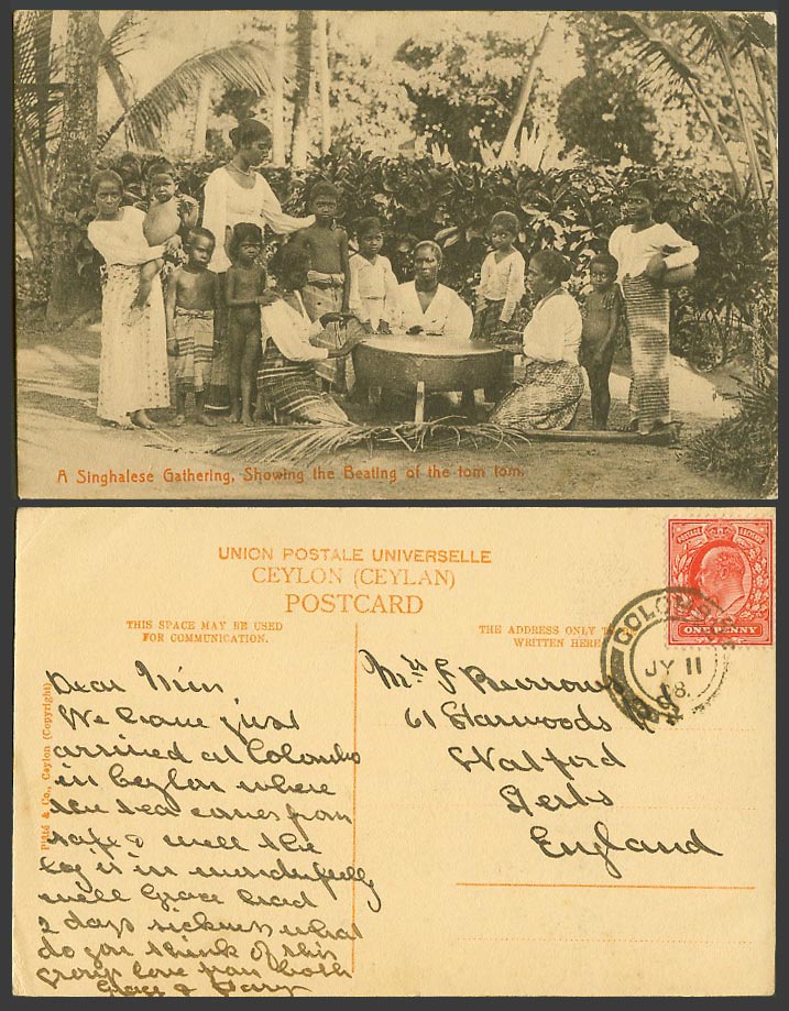 Ceylon GB 1d Colombo 1908 Old Postcard Singhalese Gathering Beating Tom Tom Drum