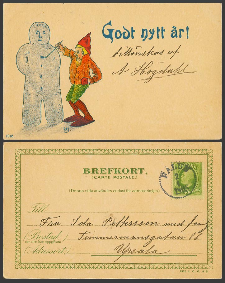 Gnome Painting a Snowman New Year Greetings Sweden 5 ore Falun 1905 Old Postcard
