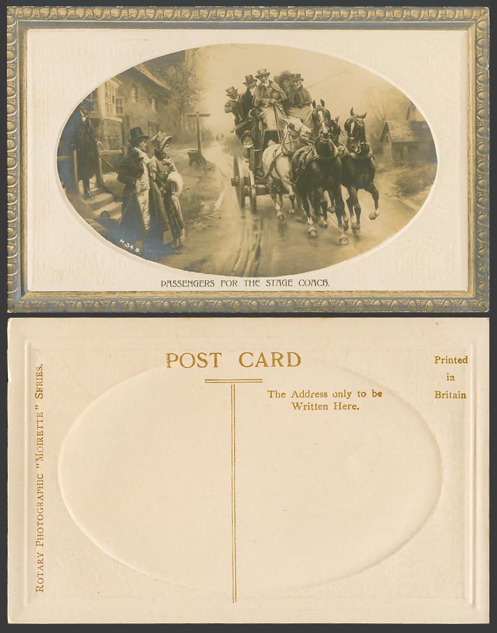 Passengers For The Stage Coach Galloping Horses Old Real Photo Postcard Moirette