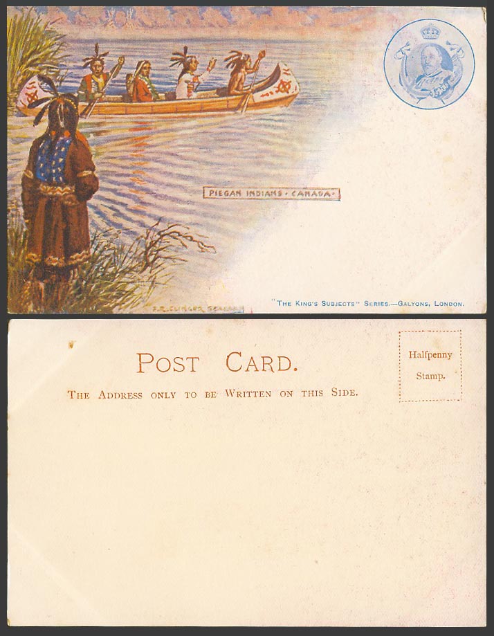Canada F.R. Clinger Scallan Old Postcard Piegan Indians, Indian Men Rowing Canoe