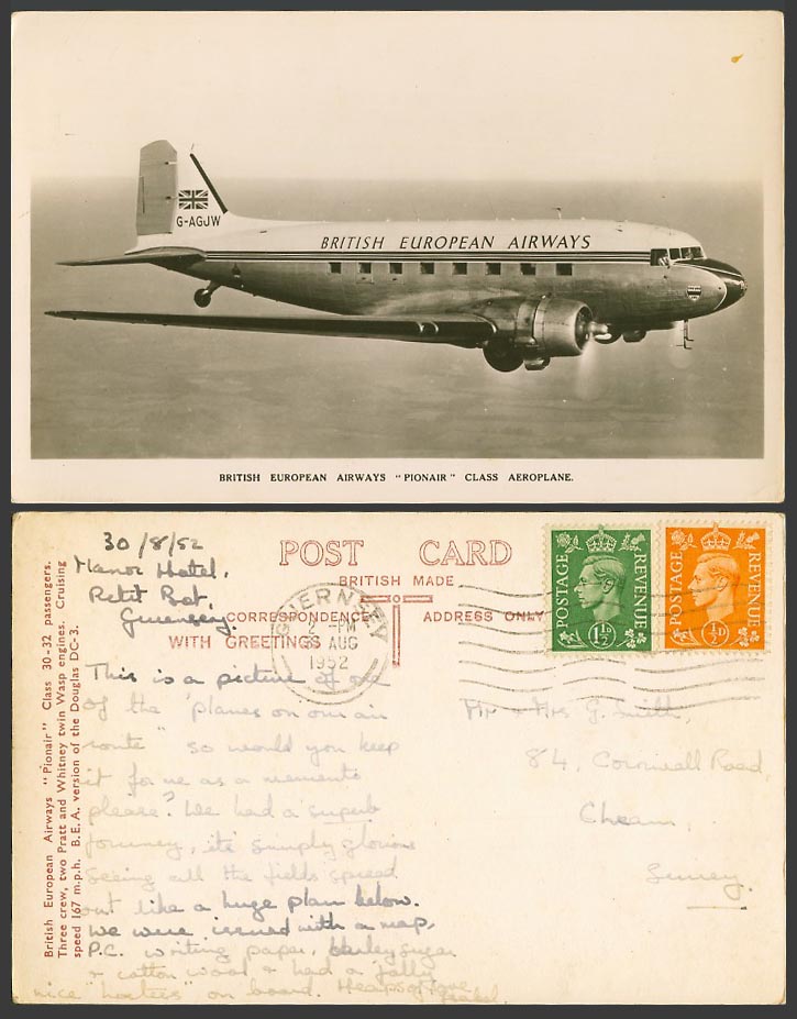 British European Airways, Pionair Class Aeroplane G-AGJW 1952 Old Photo Postcard